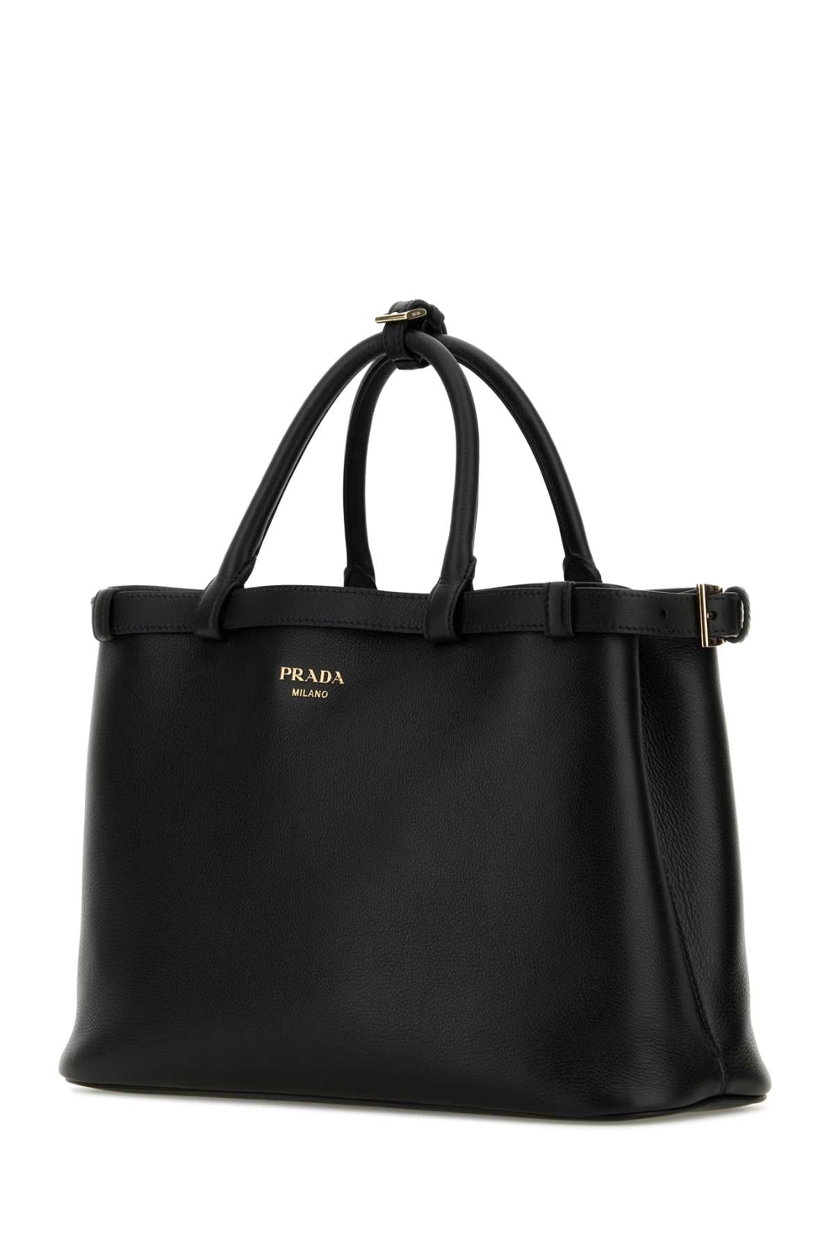 Prada Women Black Leather Medium Prada Buckle Handbag