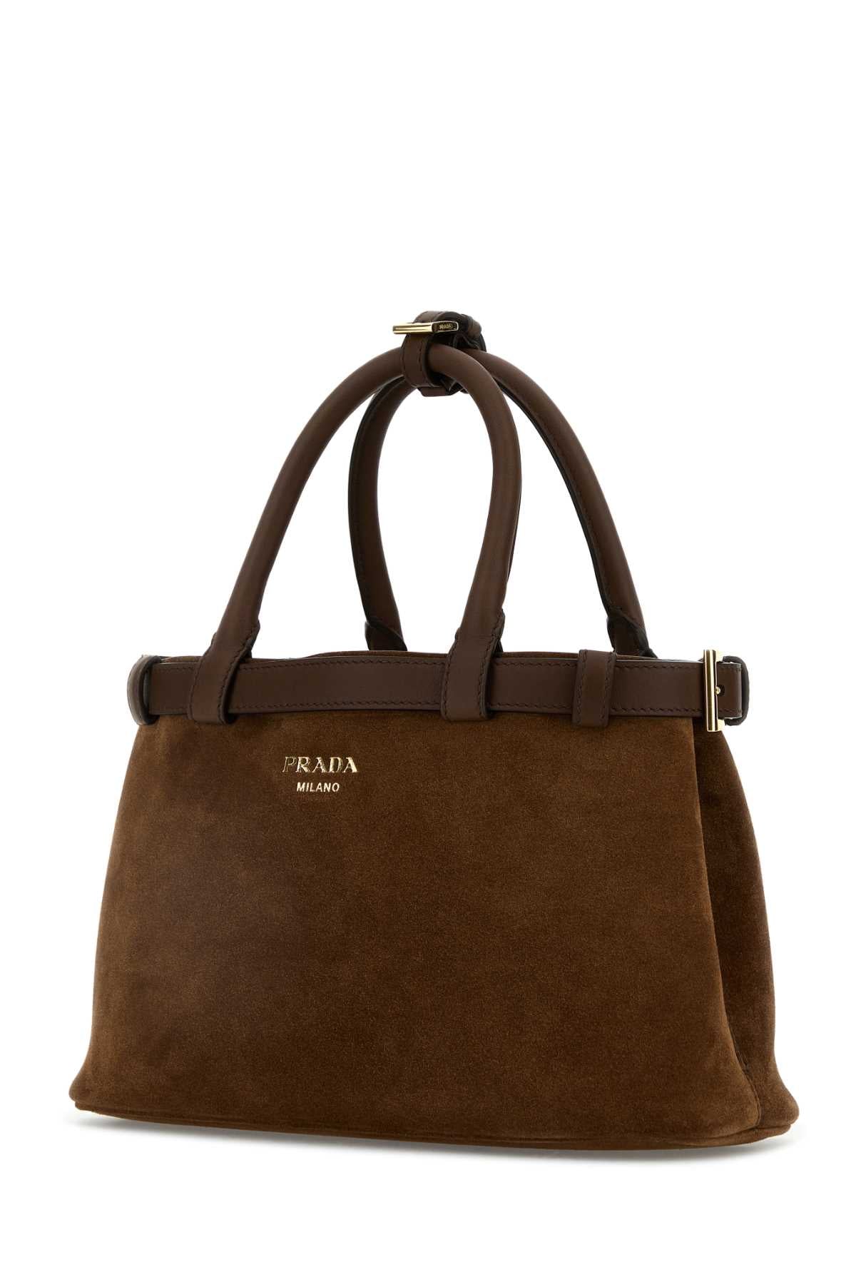 Prada Women Brown Suede Prada Buckle Handbag