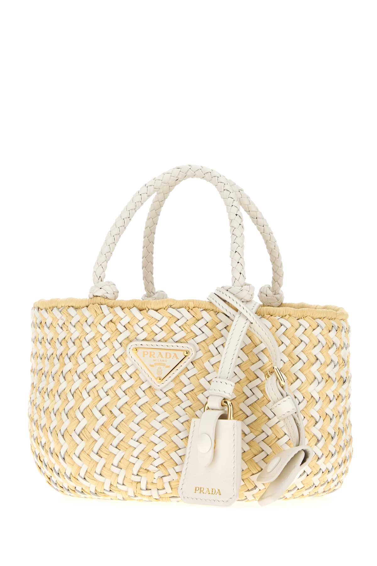 Prada Women Two-Tone Leather And Raffia Handbag