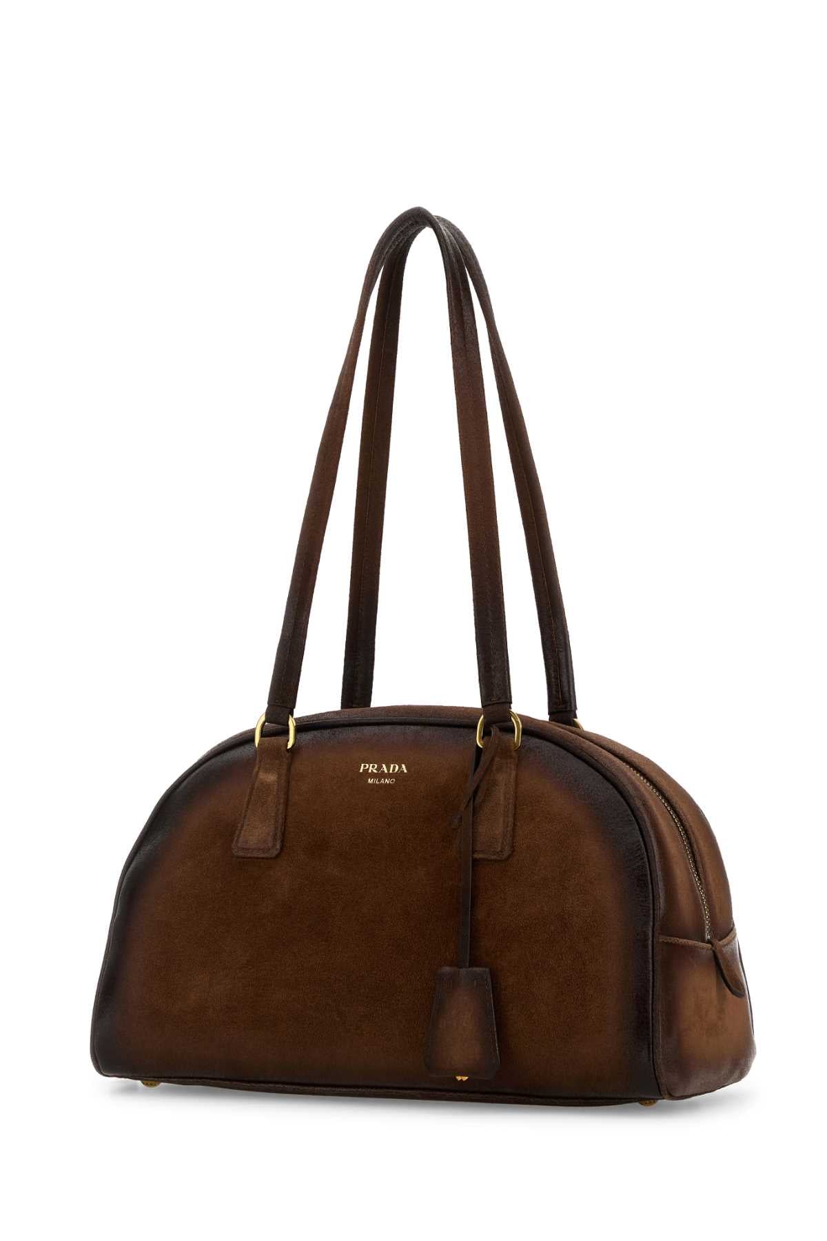 Prada Women Brown Suede Medium Prada Bowling Shoulder Bag