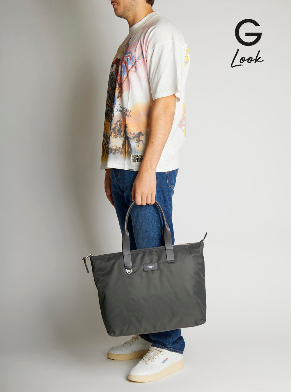 Dolce & Gabbana Men Grey Tote Bag With Two Top Handles And Logo Plaque On The Front In Tech Fabric Man