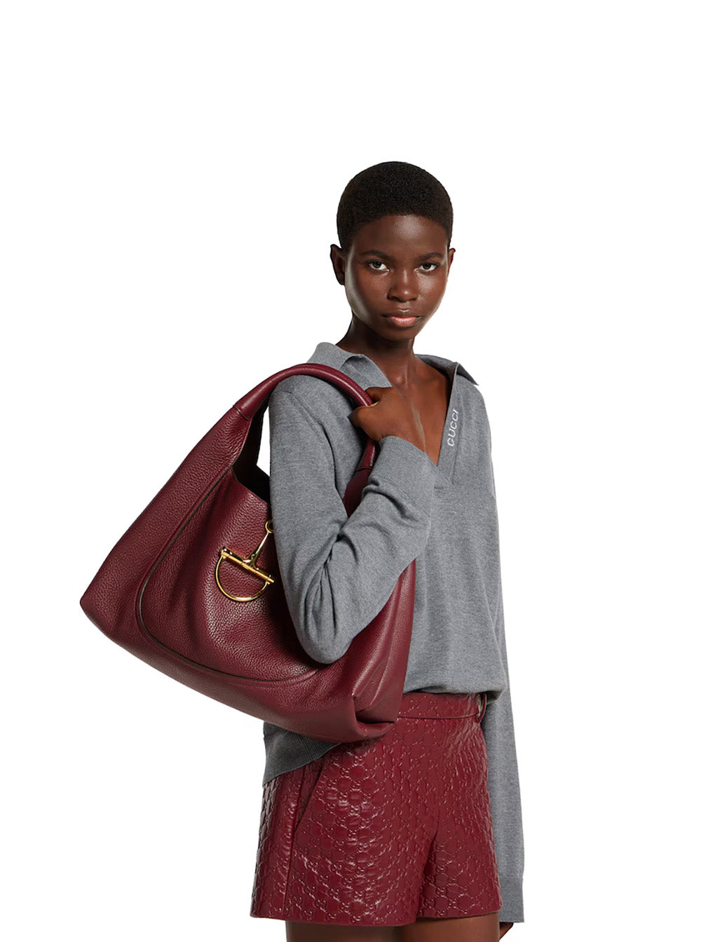 Gucci Women Bordeaux Shoulder Bag With Horsebit Closure In Grained Leather Woman