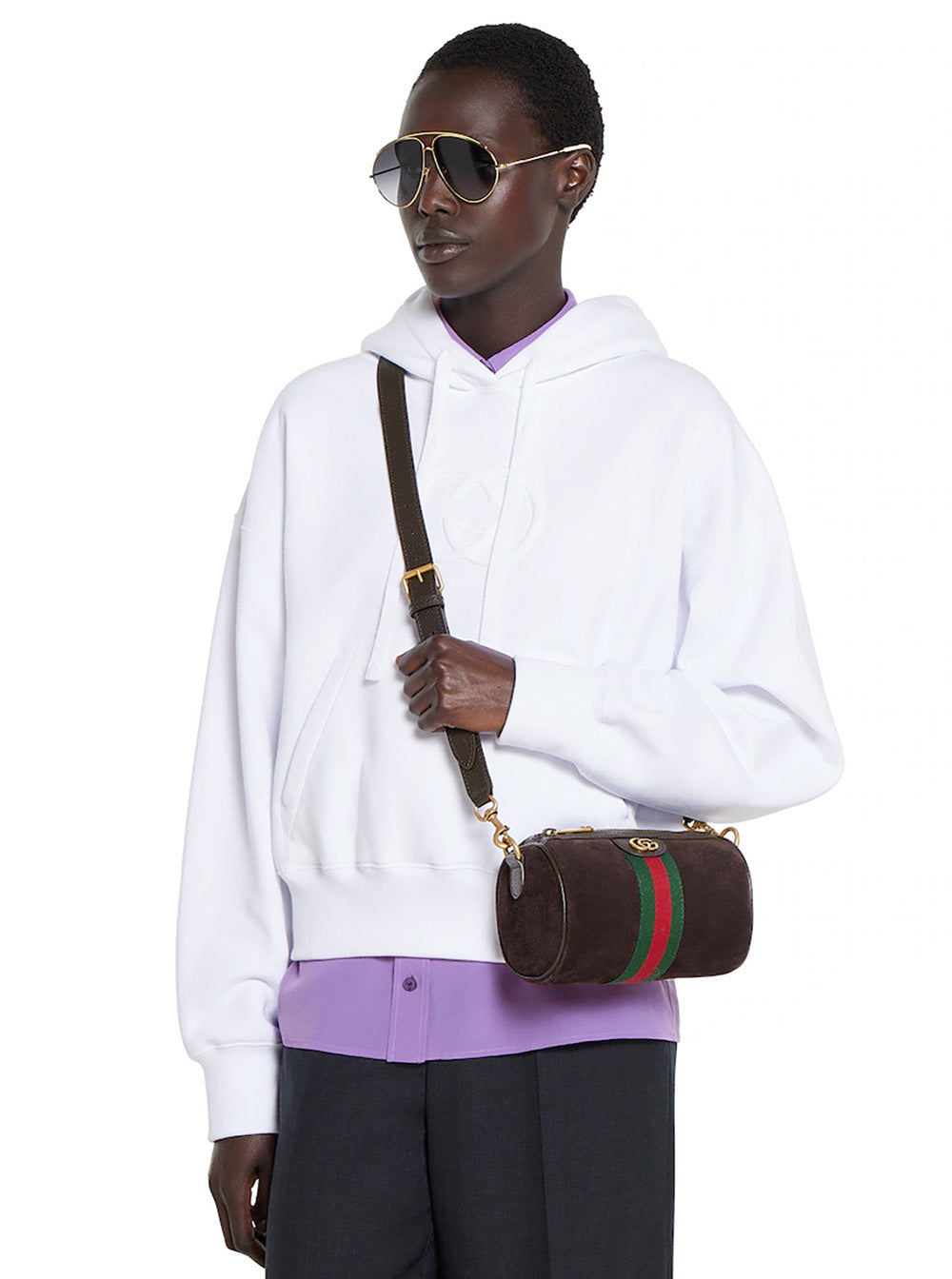 Gucci Men 'Ophidia Mini' Brown Handbag With Gg Logo And Web Detail On The Front In Suede Man