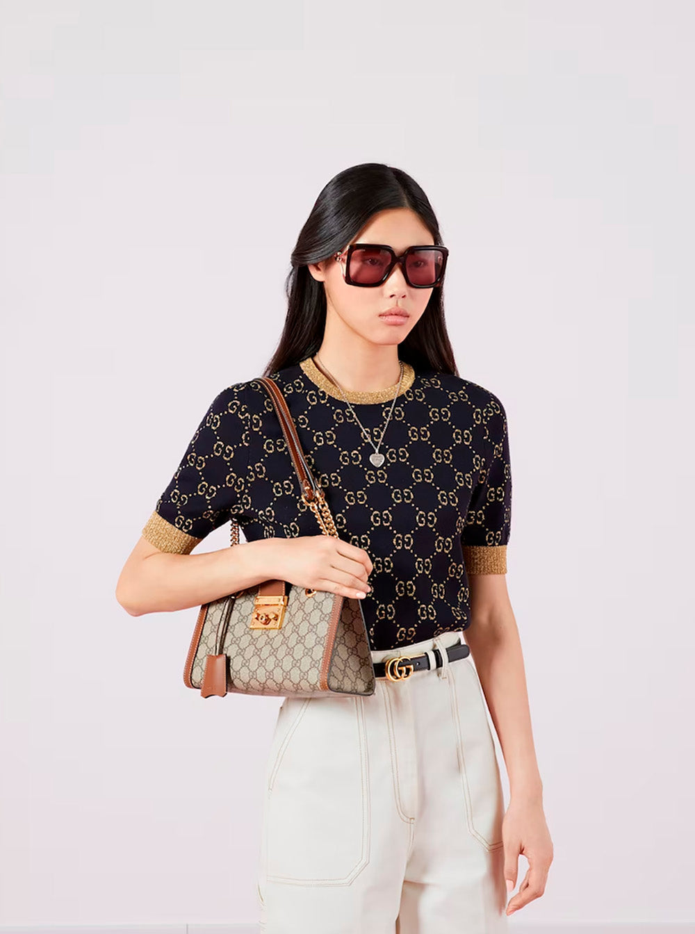 Gucci Women 'Padlock' Beige Shoulder Bag With Reinforced Chain Strap And All-Over Gg Motif In Fabric Woman