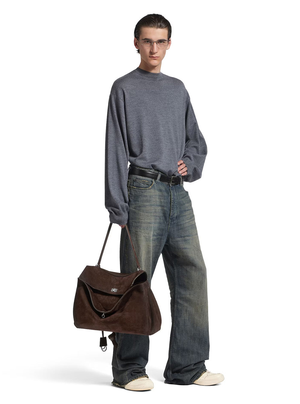 Balenciaga Men 'Rodeo' Brown Large Shoulder Bag With Removable Shoulder Strap In Suede Man