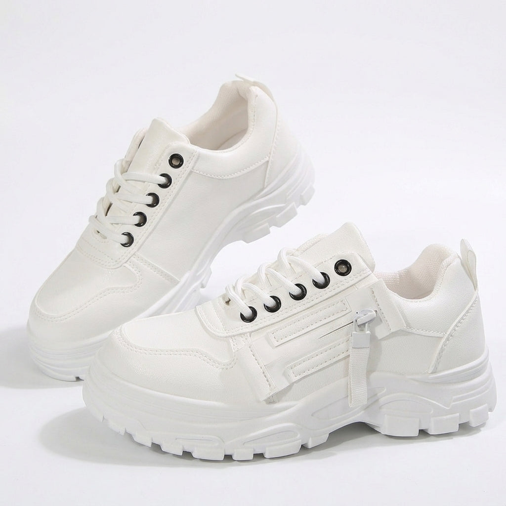 Women's Lace-Up Sneakers with Side Zipper and Thick Sole | Round Toe Casual Shoes