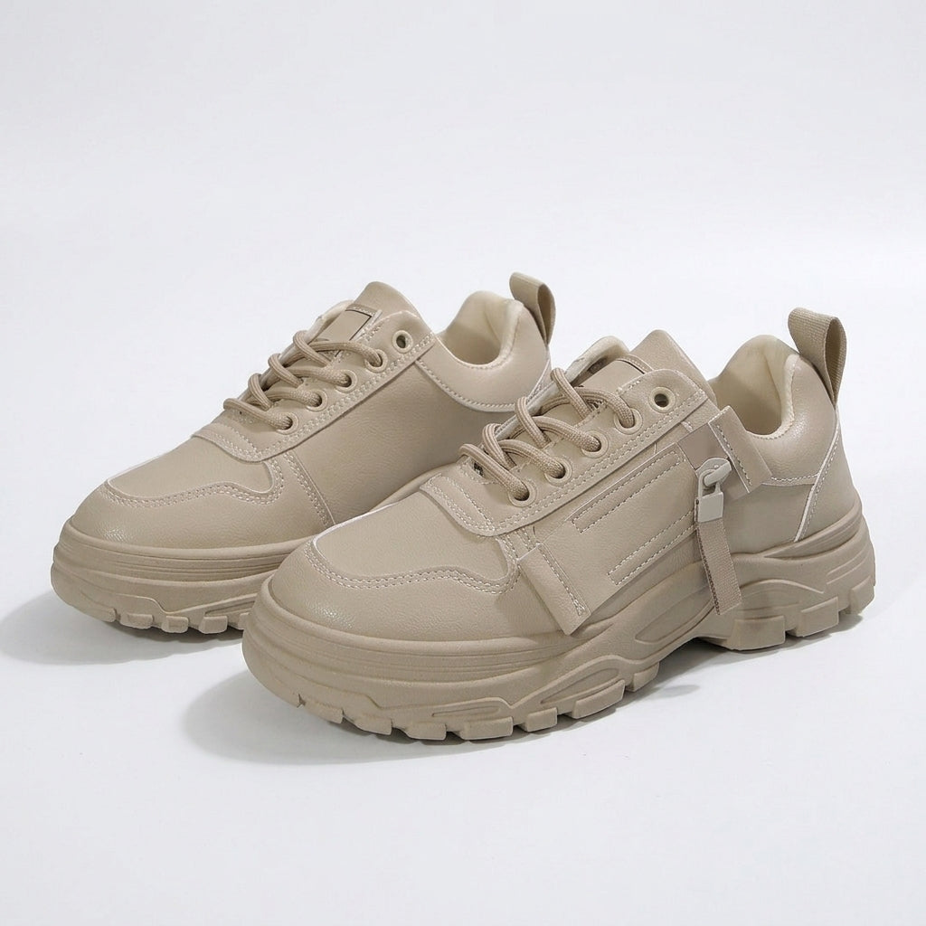 Women's Lace-Up Sneakers with Side Zipper and Thick Sole | Round Toe Casual Shoes