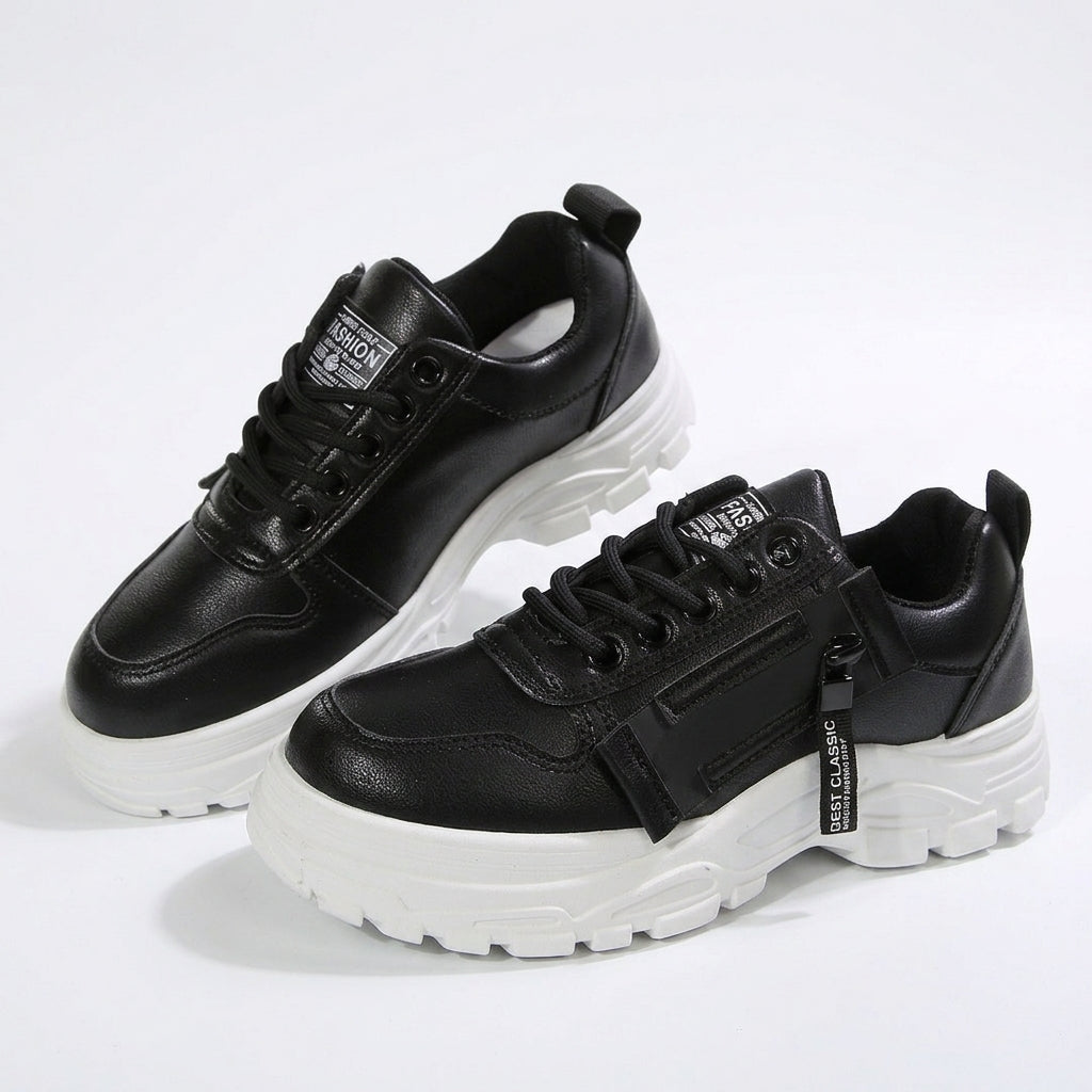 Women's Lace-Up Sneakers with Side Zipper and Thick Sole | Round Toe Casual Shoes